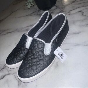 Disney Black Quilted Slip-On Moccasins with Silver Trim